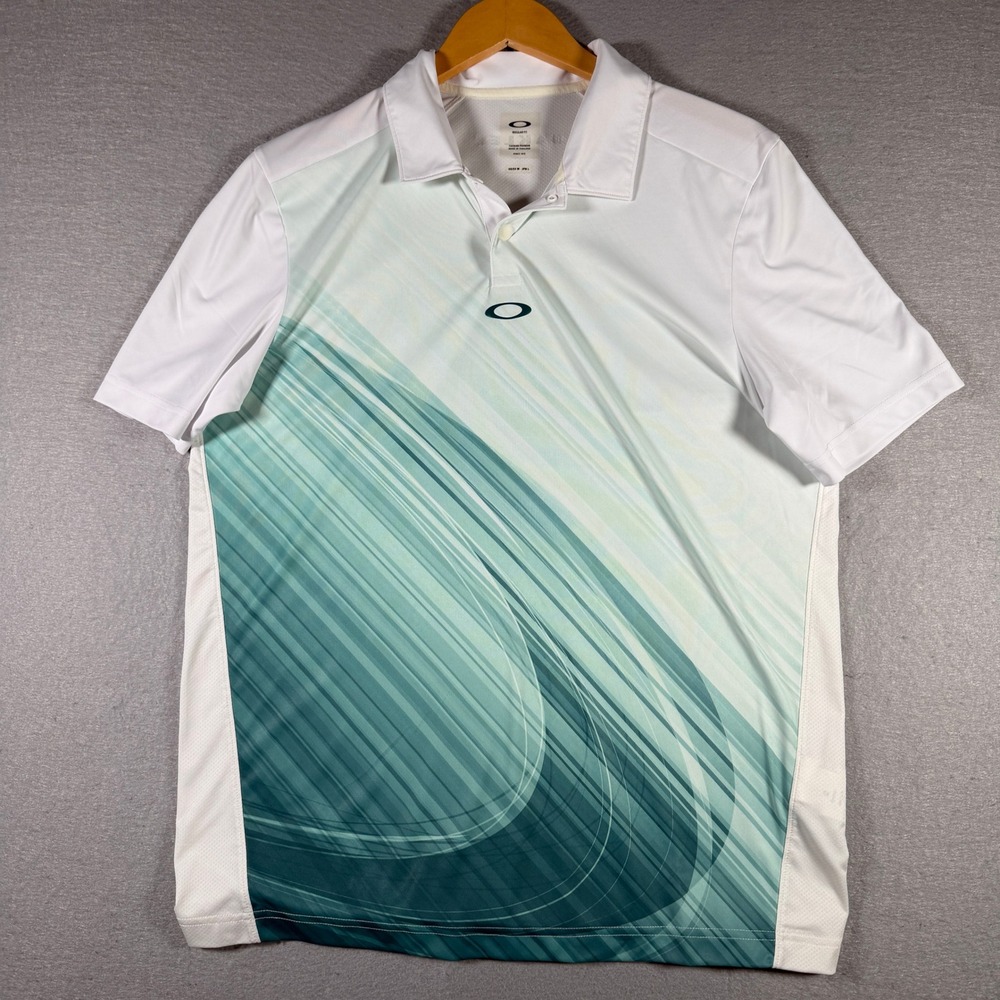 Oakley Mens Regular Fit Polo Shirt White Teal Graphic Golf Sport Medium US/EU M